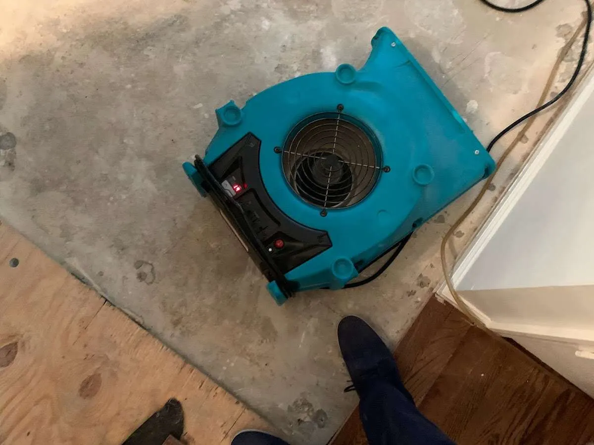 Air mover drying subfloor during Commercial Water Damage Restoration in Zanesville